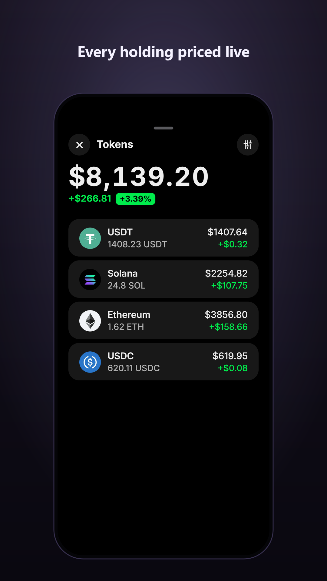 Uses live prices for all coins