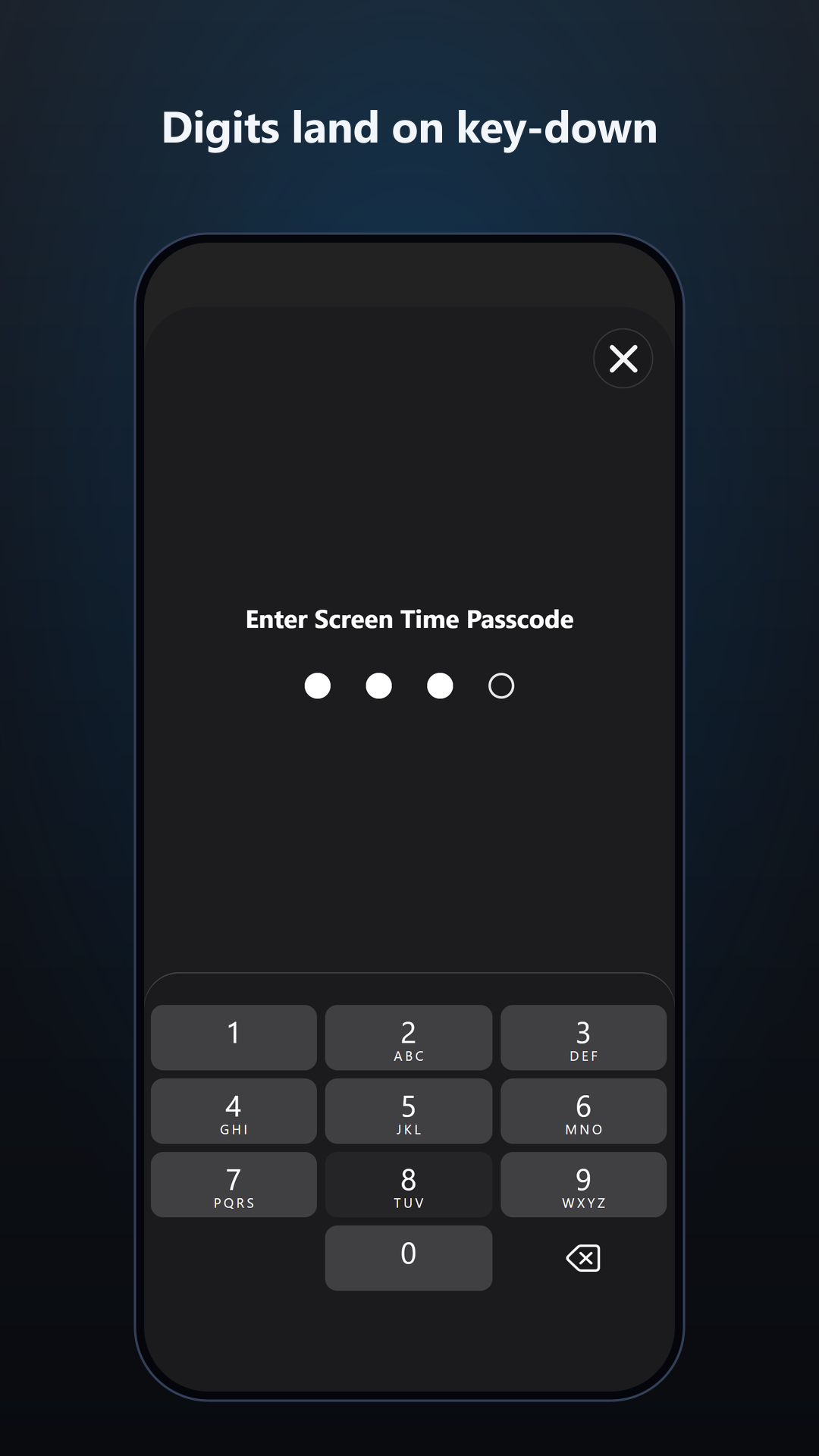 The keypad matches the system keyboard's measured layout