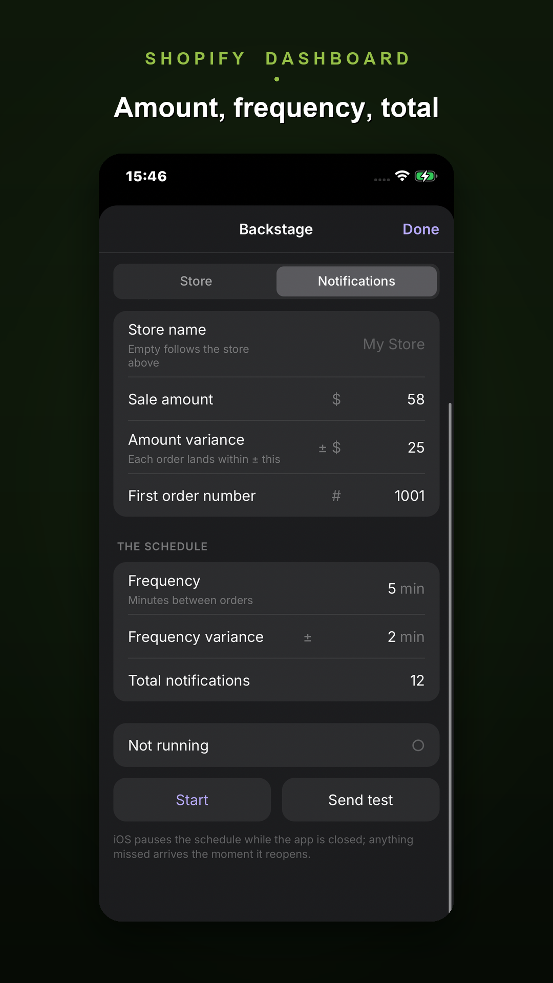 The notification planner — amount, frequency, variance, total