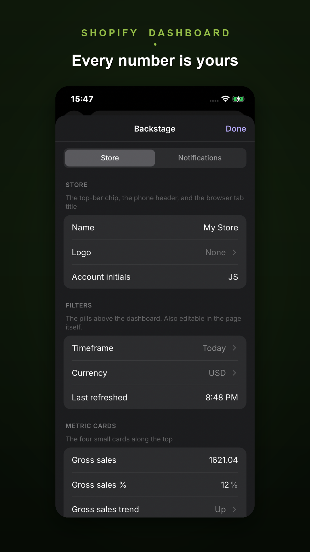 Backstage — hold the top of the screen to edit