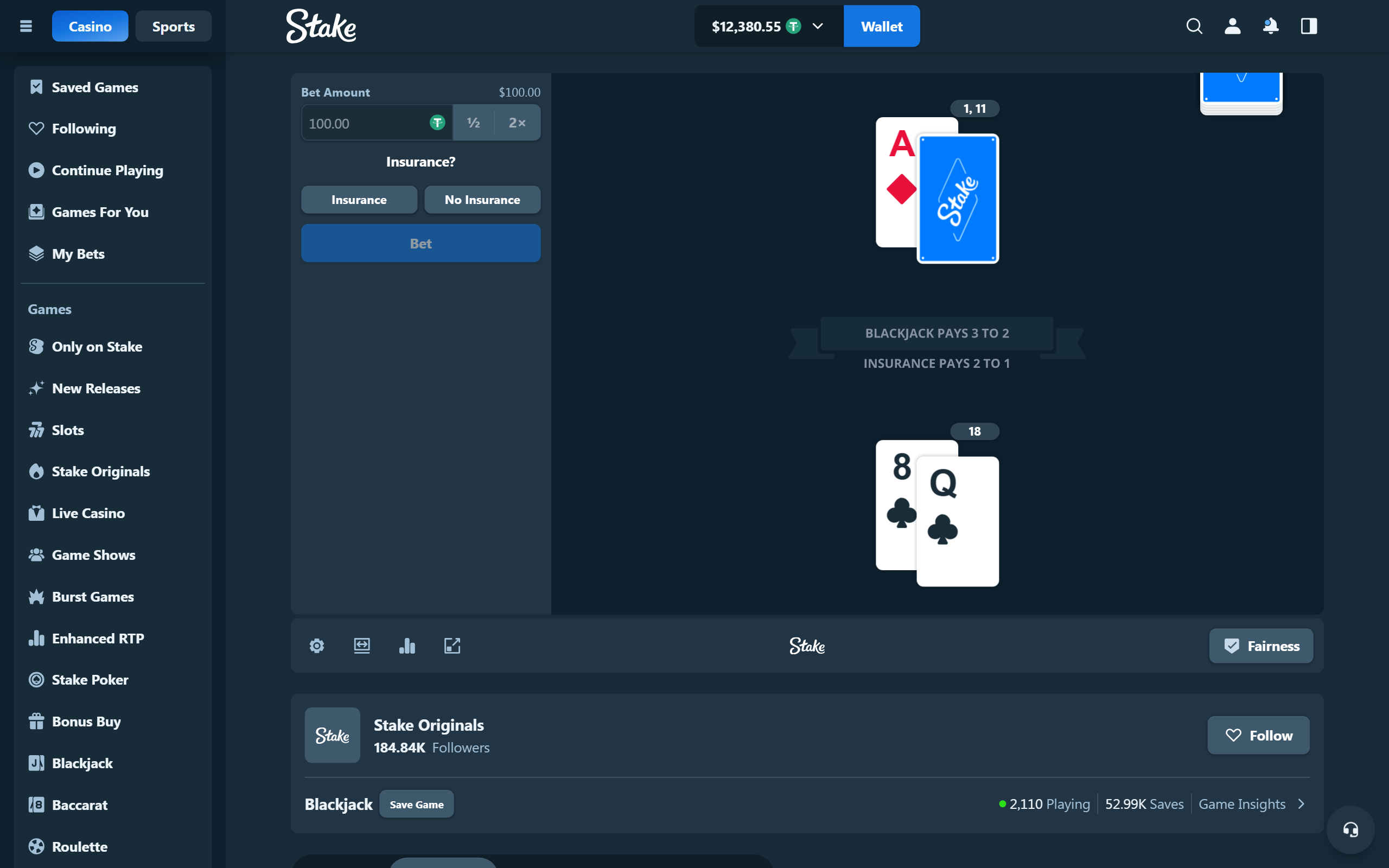 Blackjack dealt off the corner of the table, split and double included
