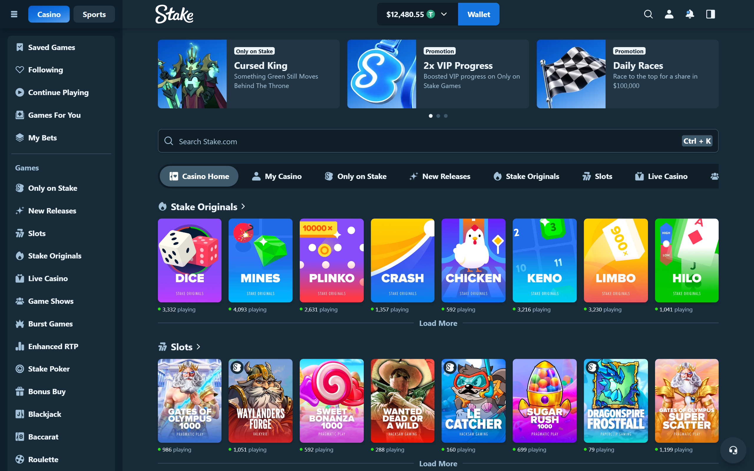The whole casino lobby, Originals through Live Casino