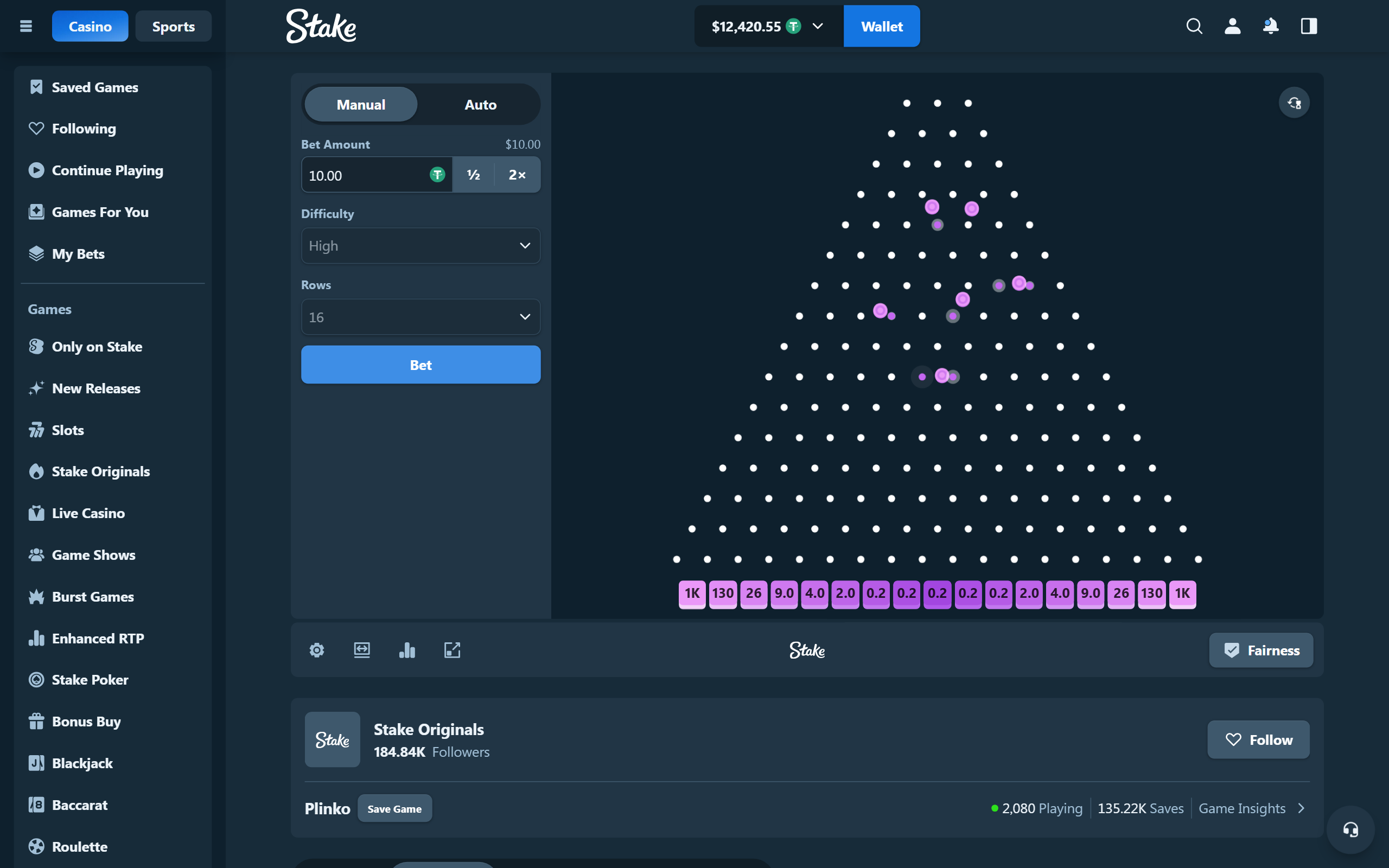 Plinko on the site's own board, pins, physics and payout table