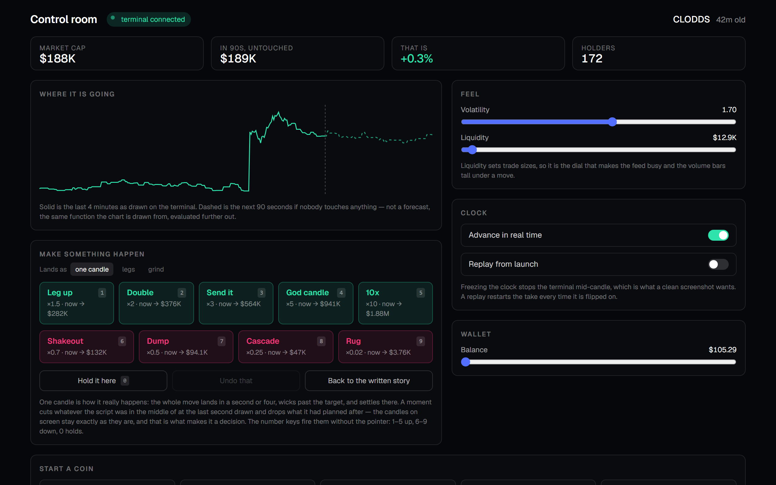 A second tab fires a 10x or a rug onto the live chart