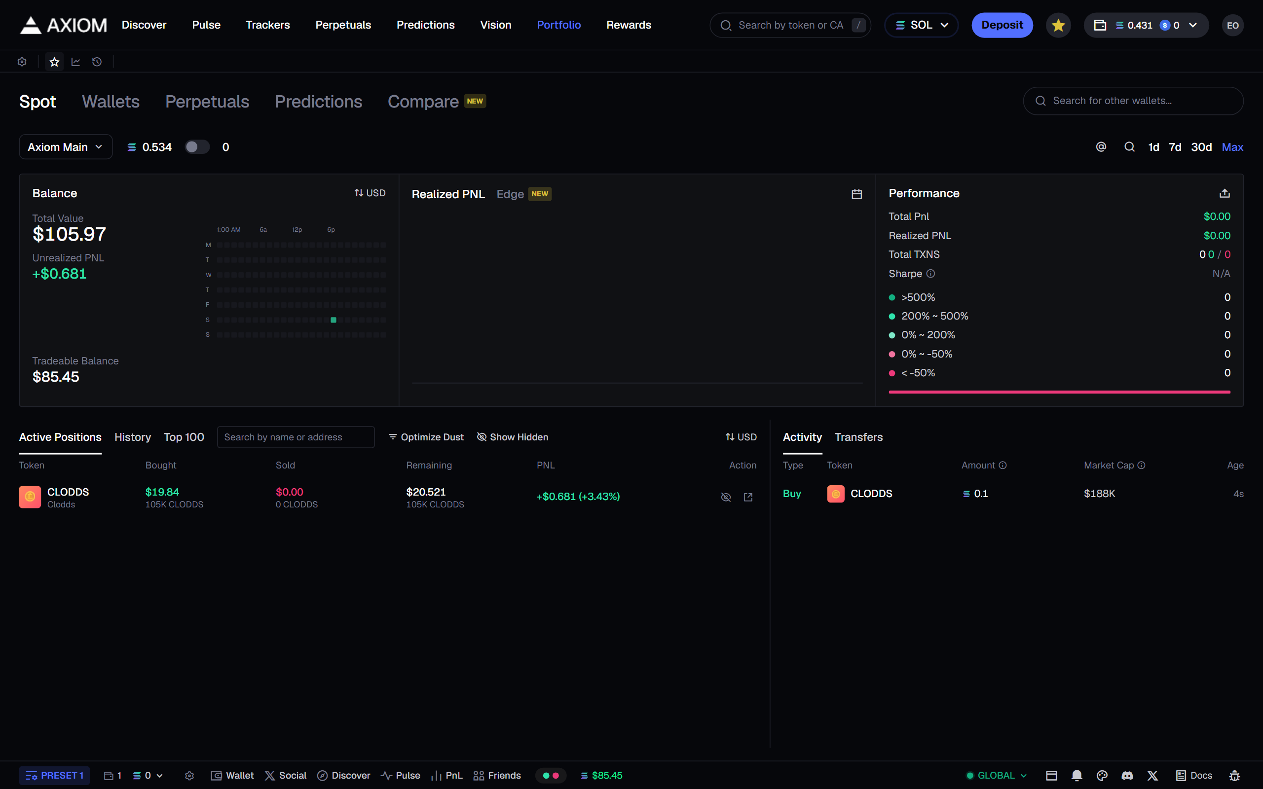 Portfolio: every fill you make, marked to the live price
