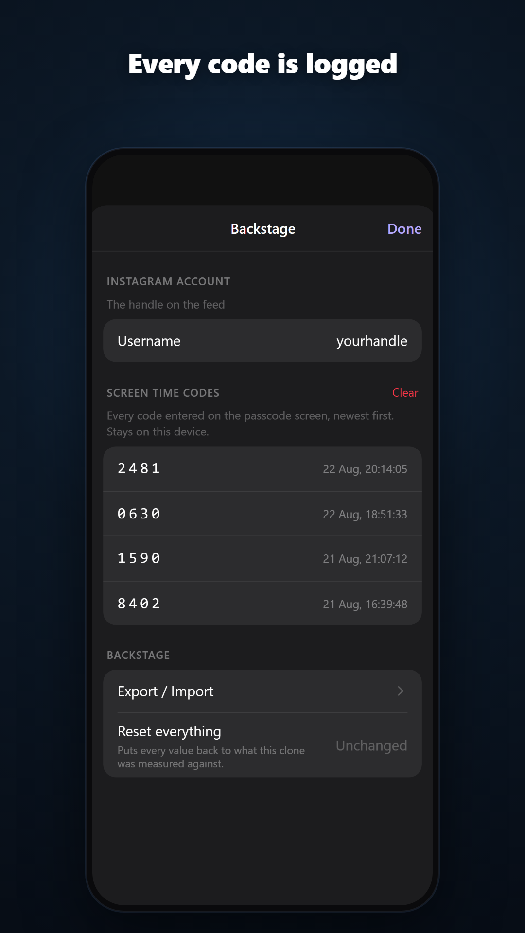 Every entered code is logged in Backstage